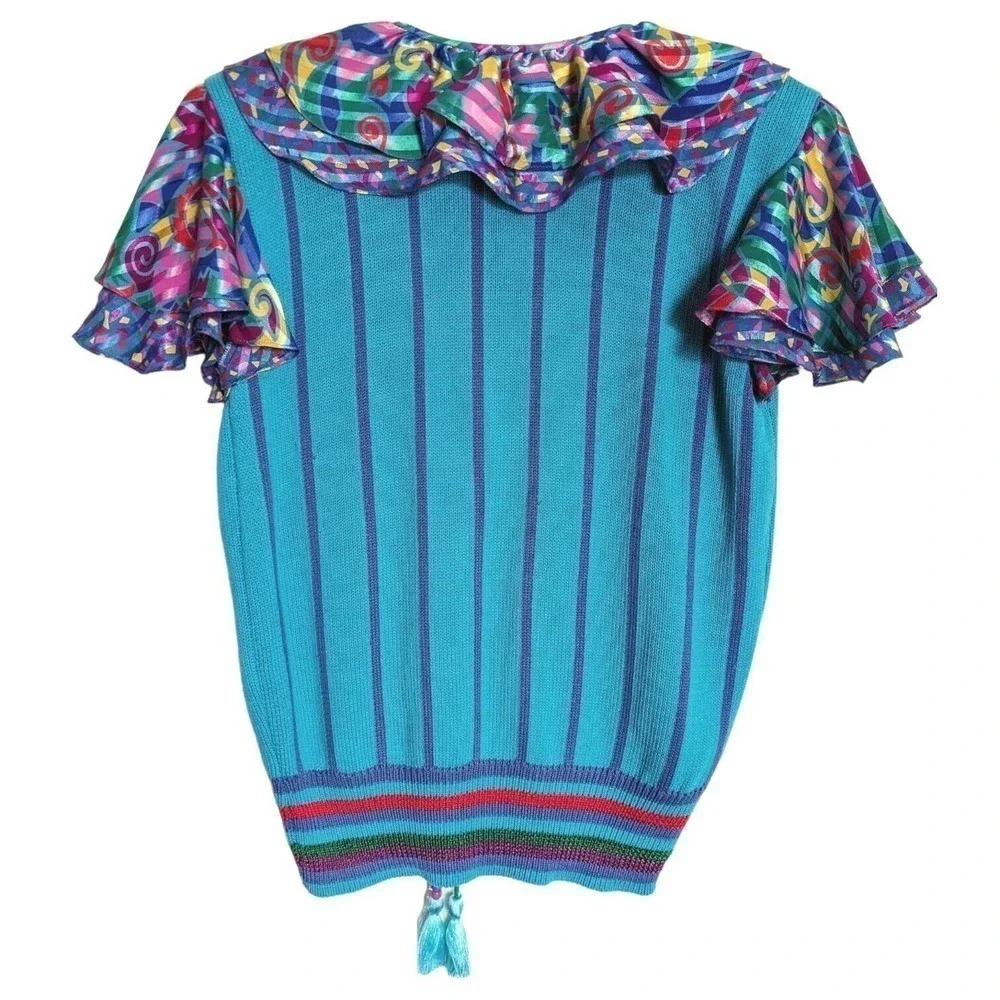 Jaymee Papell Vintage 80's Sweater Colorful Embroidered Short Sleeve